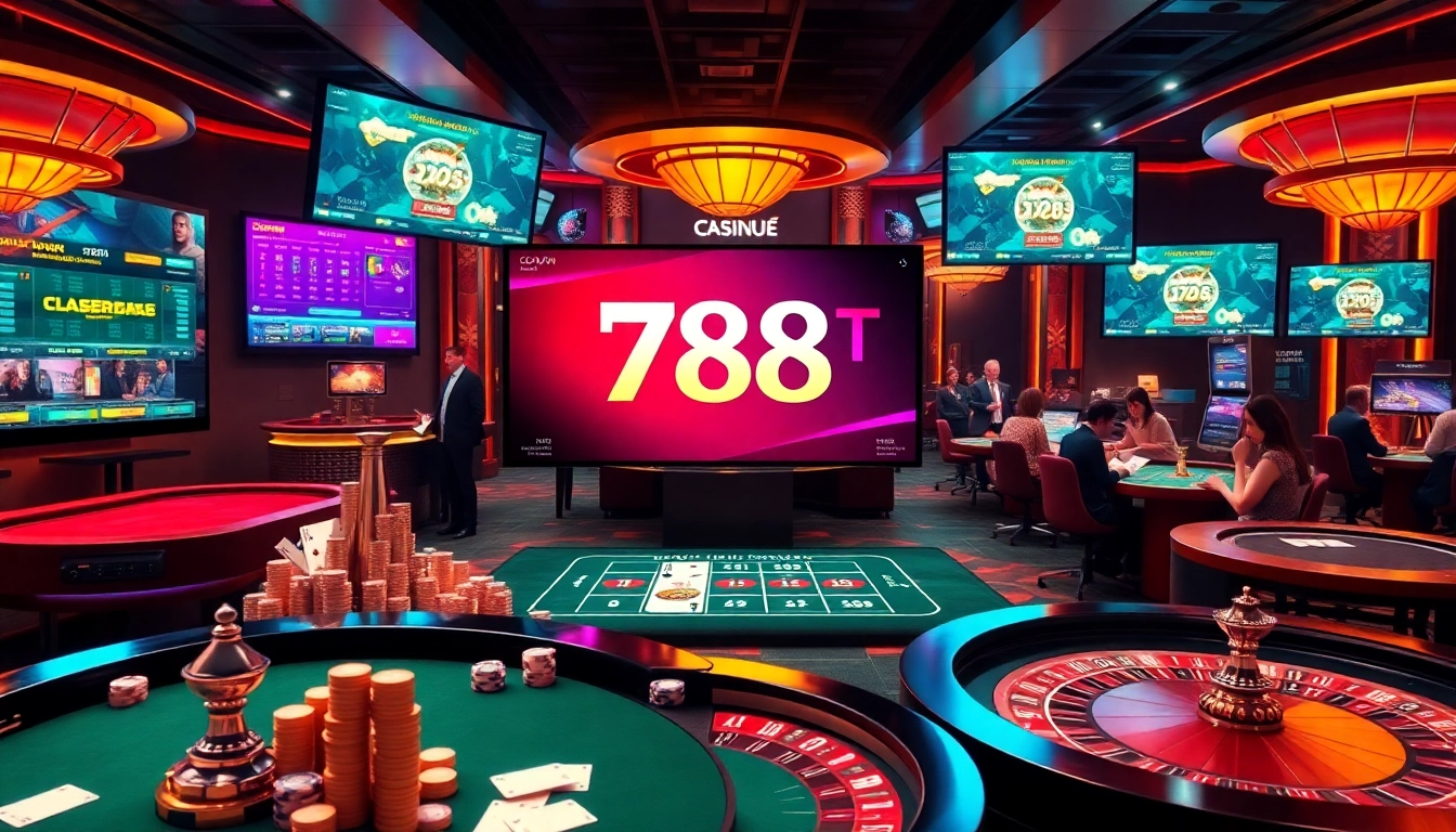 Players enjoy thrilling games on the 788t online casino platform in a vibrant, luxurious setting.