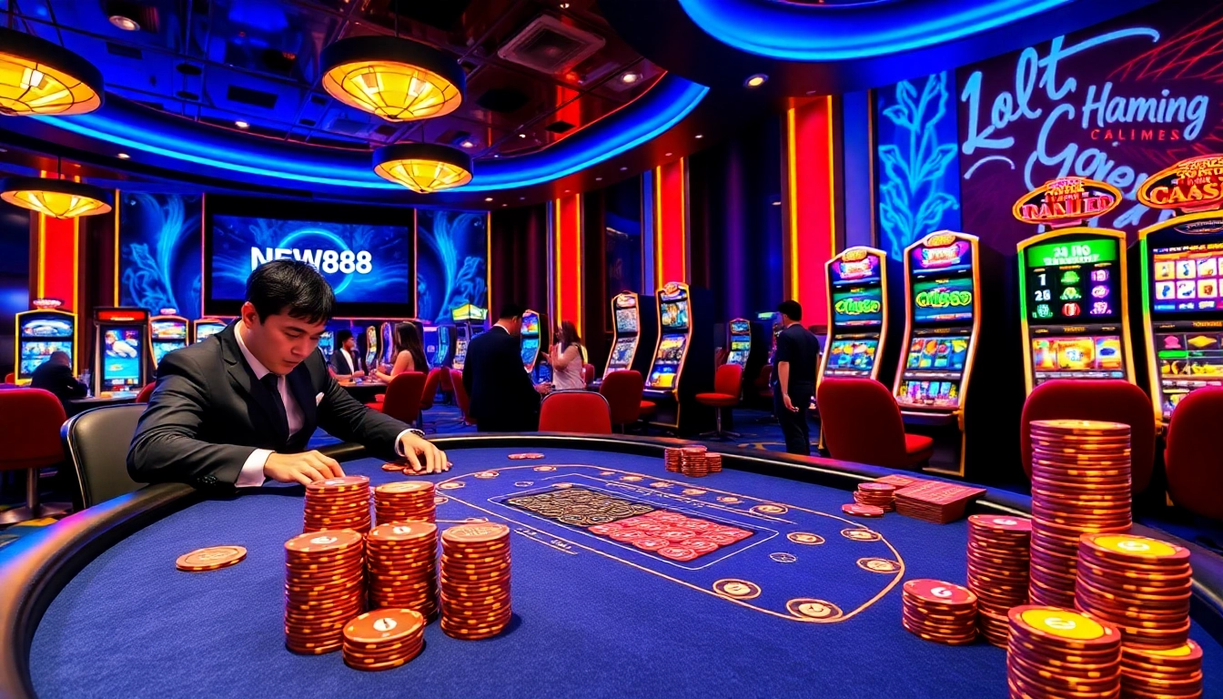 Experience high-stakes excitement at NEW88's casino table featuring professional dealers and vibrant gameplay.