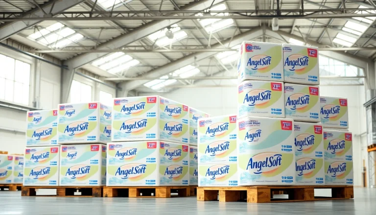 Angel Soft Toilet Paper Pallets beautifully organized in a bright warehouse, showcasing quality packaging.
