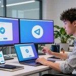 Effortlessly navigate the Telegram download process in a modern tech workspace.