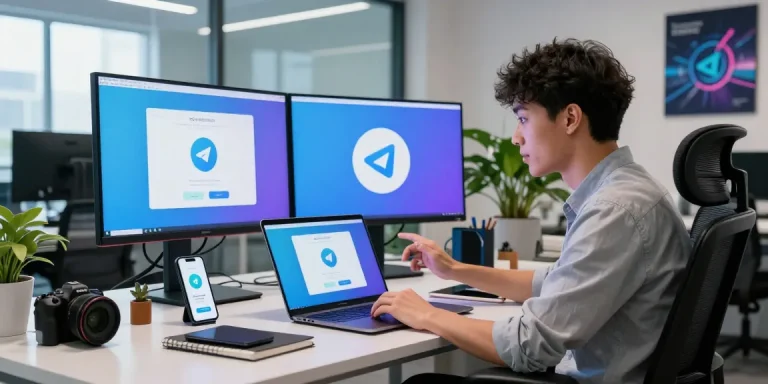 Effortlessly navigate the Telegram download process in a modern tech workspace.