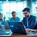 Analysez les tendances d'actualité DeFi avec des experts dans un bureau moderne.