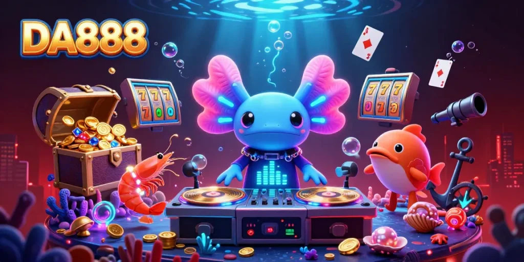 Delve into the vibrant DA888 casino scene featuring a neon axolotl DJ and lively gambling elements.