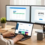 Download WPS Office on a laptop in a modern home office setup with vibrant productivity tools.