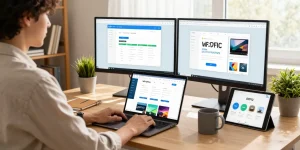 Download WPS Office on a laptop in a modern home office setup with vibrant productivity tools.