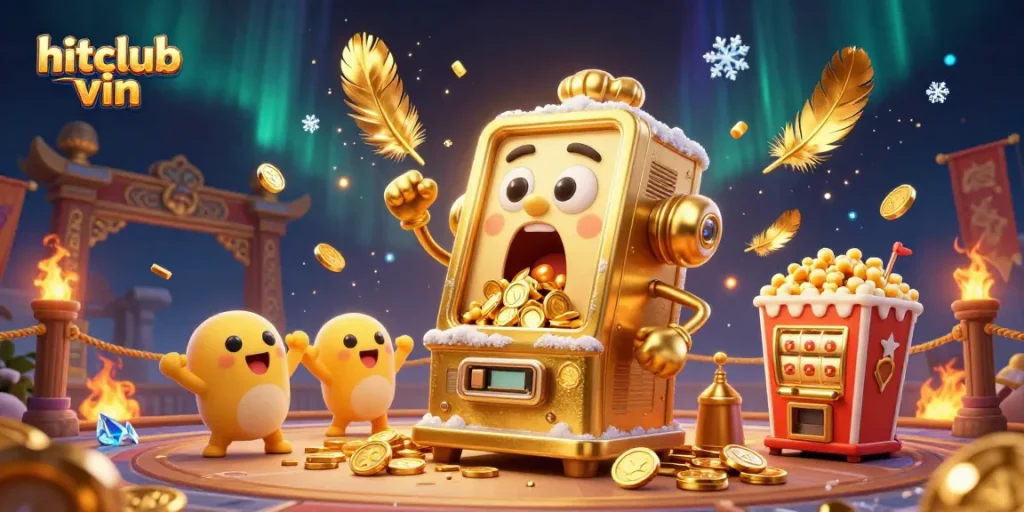 Experience hitclub vin jackpot excitement with a golden slot machine showering coins in a dynamic casino scene.