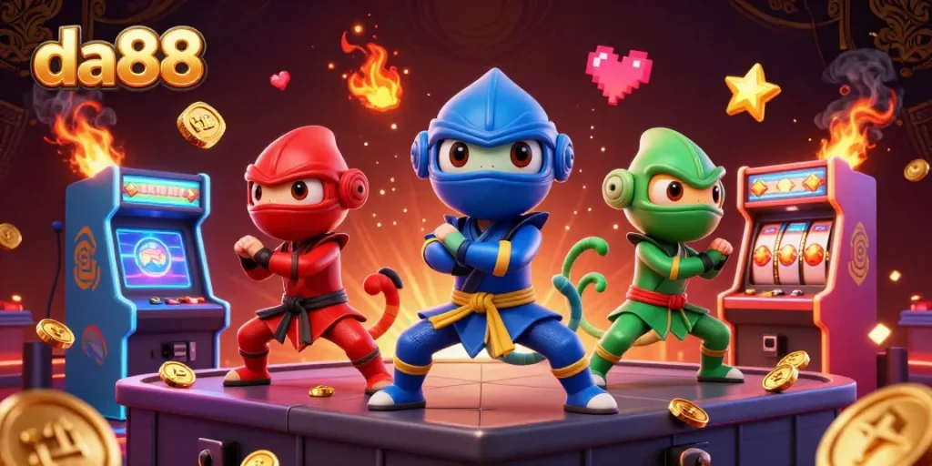 Engage with da88's vibrant 3D ninja chameleons amidst a casino-inspired arcade environment.