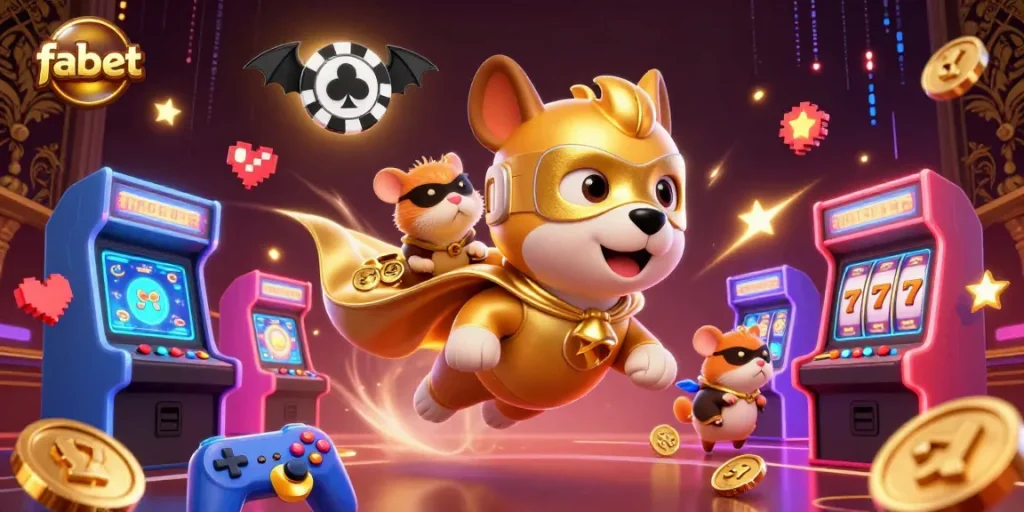 Experience fabet with a superhero dog and hamster amidst colorful casino elements.