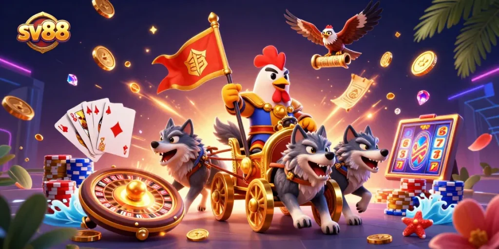 Experience thrilling wins with sv88 in this vibrant casino-themed 3D illustration.