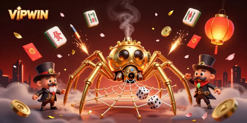 Engage with VIPWIN at a 3D steampunk casino-themed illustration showcasing captivating gaming elements.