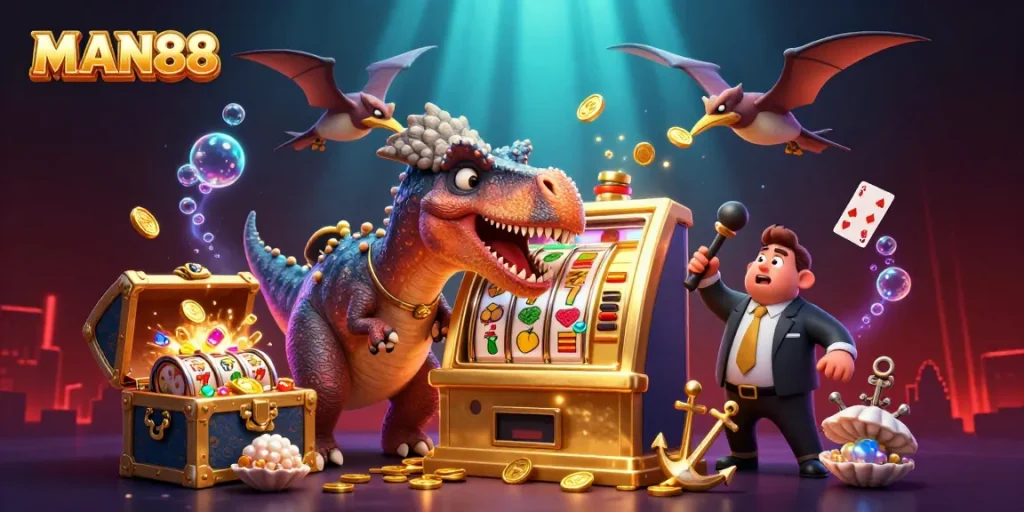 MAN88 slot machine action with dinosaur characters in dynamic casino atmosphere.