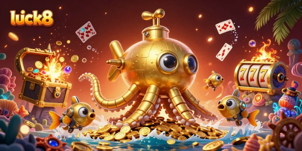 Explore exciting wins at luck8 with this vibrant underwater casino adventure illustration.