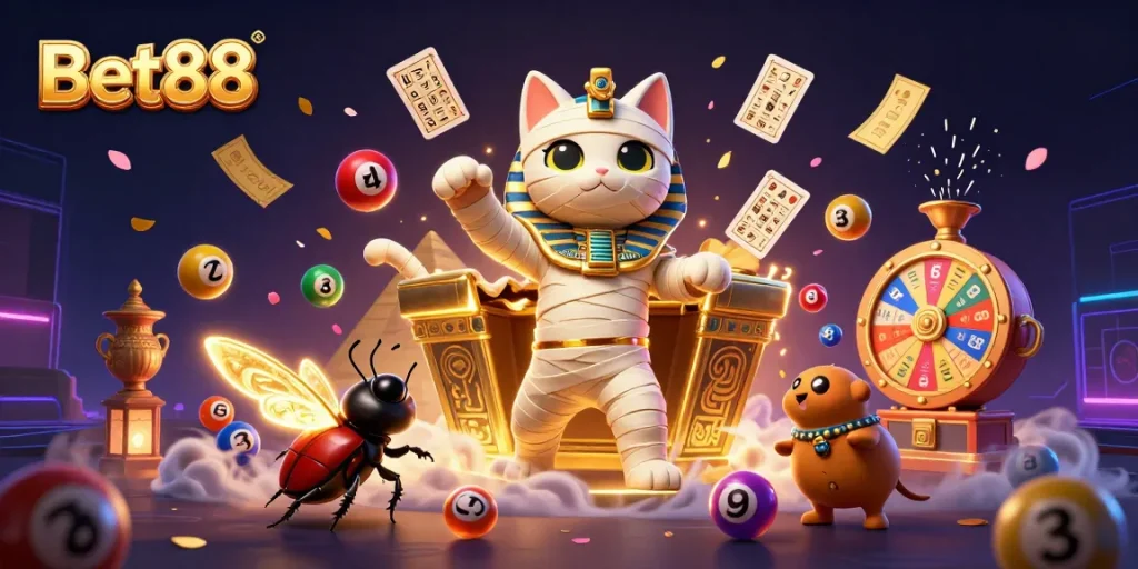 Bet88 players enjoying lottery excitement in a vibrant casino scene filled with colorful elements.