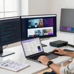 Desenvolvedor de IPTV analisando dados e interface de usuário em um moderno espaço de trabalho.