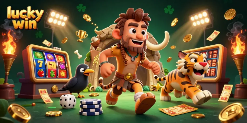 Experience the thrill of winning at Lucky Win's prehistoric casino with engaging characters and vibrant game elements.