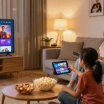 Aproveitando o melhor do entretenimento com bestbraziliptv, família relaxando em casa assistindo TV juntos.