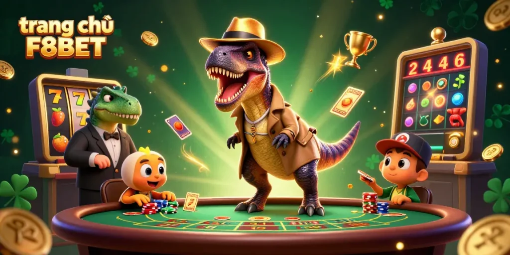 Experience the thrilling world of gambling at trang chủ F8BET with a lively cartoon casino scene.