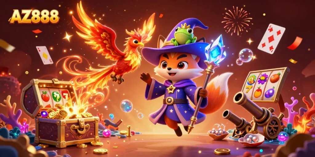 Experience thrilling slot games with AZ888 in this enchanting casino illustration.
